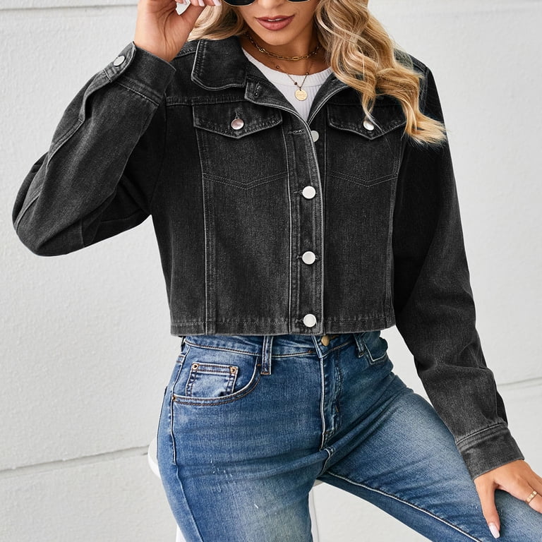 Oksale Cropped Denim Jacket for Women Distressed Jean Jacket Long 