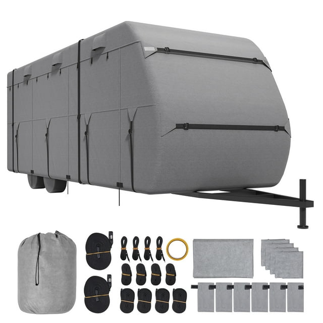 KFFKFF Camper Protection RV cover for Class A motorhomes measuring 30-33 ft, made of durable quadruple-layer non-woven material in grey. This weatherproof and tear-resistant travel trailer shield includes securing straps, wheel guards, a carry bag, repair kits, and sponge drainage covers. Features side and rear zipper doors for easy access, reflective strips for enhanced visibility, and ventilation ports to prevent bulging. Accessories such as tire covers, fastening straps, and a user manual are included.