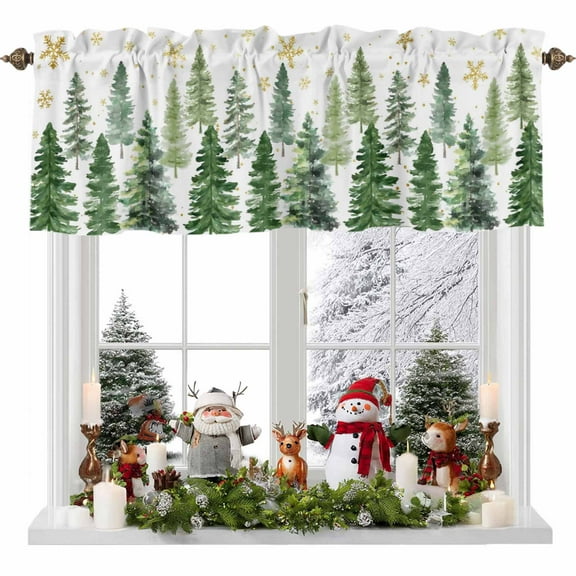 Christmas Tree Valances for Windows, Winter Xmas Green Pine Tree Forest Snowflake Rod Pocket Valance Short Window Treatments Curtains for Kitchen Bathroom Bedroom Decor, 56 x 16 In