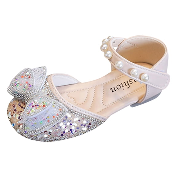 Otqutp Fashion Flower Girls Dance Shoes Summer Children Shoes Girls Sandals Rhinestone Sequins Bow Pearl Hook Loop Dress Dance Shoes 3-11 Years