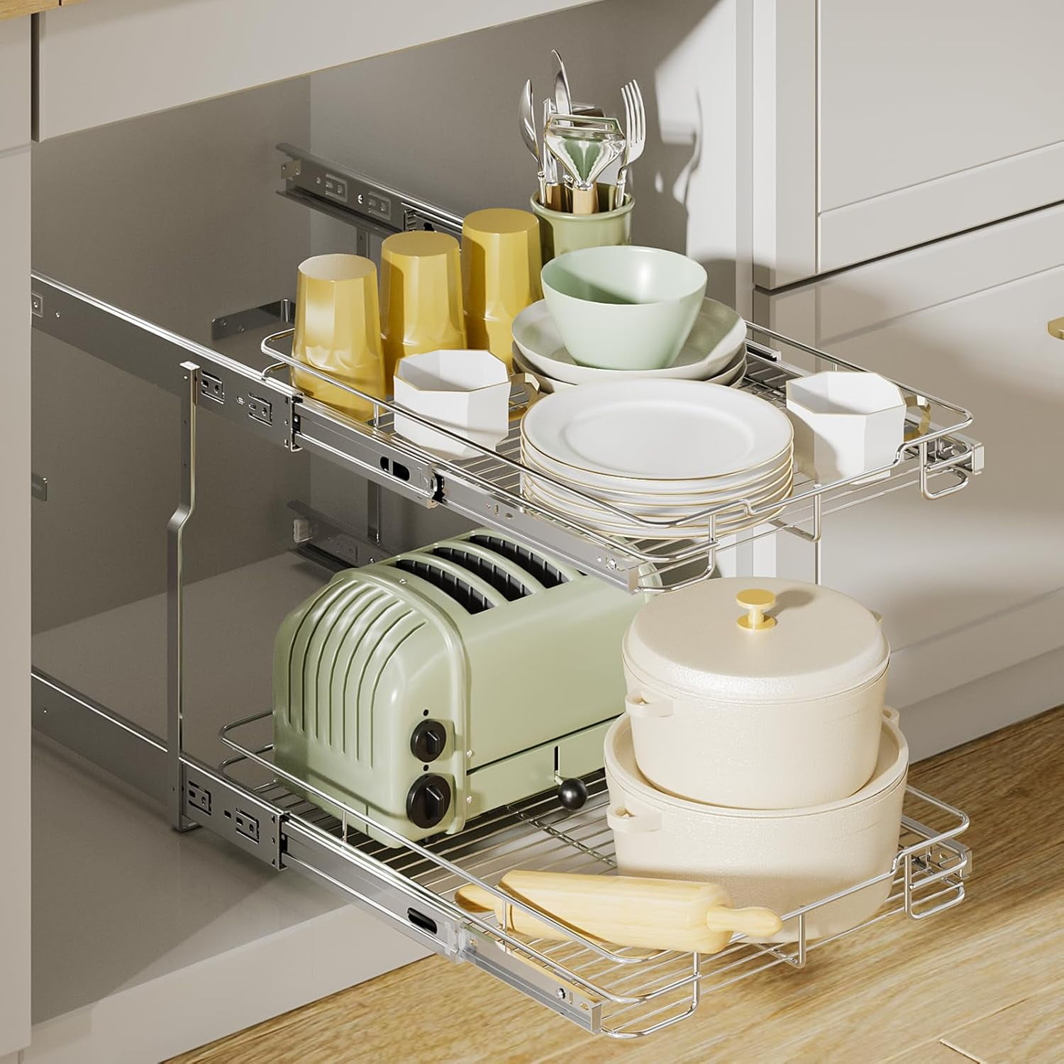 ORDORA 2 Tier Pull Out Cabinet Organizer, Heavy Duty Shelves for Kitchen Bathroom, Slide Out Chrome Steel Shelf Organizer