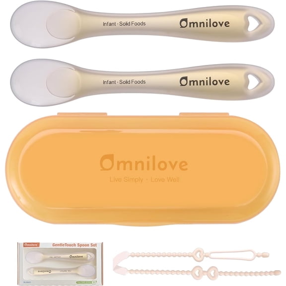 Omnilove Silicone Baby Spoons 2-Pack with Case, Self Feeding 6 Months, Baby Led Weaning Supplies, Toddler Utensils with Safety Chain
