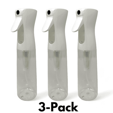 Elyhonn 3-Pack Fine Mist Continuous Spray Bottles, 10 Ounce – Refillable Clear White Plastic Hair Spray Bottle for Salon and Cleaning