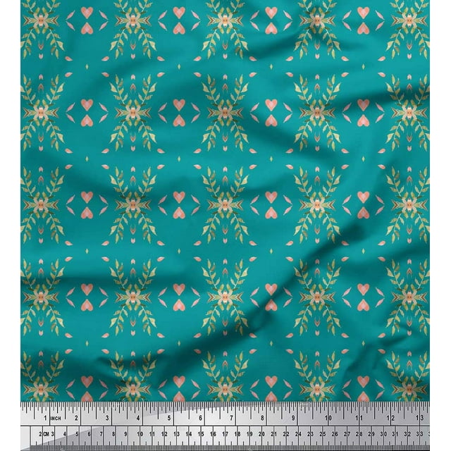 Soimoi Green Poly Georgette Fabric Heart Leaves Print Fabric by Yard 42 Inch Wide