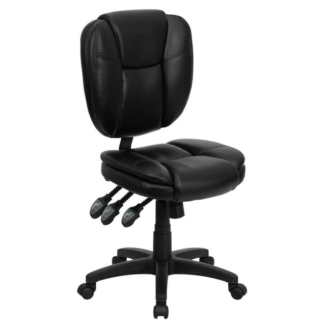 Mid-Back Black Leather Multifunction Ergonomic Swivel Task Chair with Pillow Top Cushioning