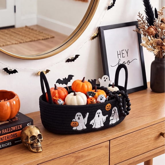 Halloween Gift Basket, Black Woven Basket with Handle, Candy Bowl Trick or Treat Bucket, Party Favors