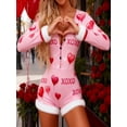 thumbnail image 5 of Women's Deep V Neck One Piece Shorts Bodysuit Furry Trim Long Sleeve Bodycon Jumpsuit Pajama Cute Heart Print Shorts Romper Valentines, 5 of 6