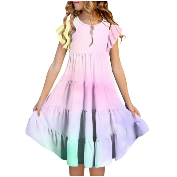 Zwiiyzr 2025 Kids Little Girls Tie-Dye Dresses Summer Ruffle Tiered Short Sleeve Pockets Round Neck Dress Hot Pink