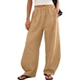 thumbnail image 2 of UVEASISHA Women Drawstring Pants Cotton Linen Summer Pants Striped Wide Leg Vacation Pants Lightweight Casual Beach Pants with Pockets Khaki XXL, 2 of 10