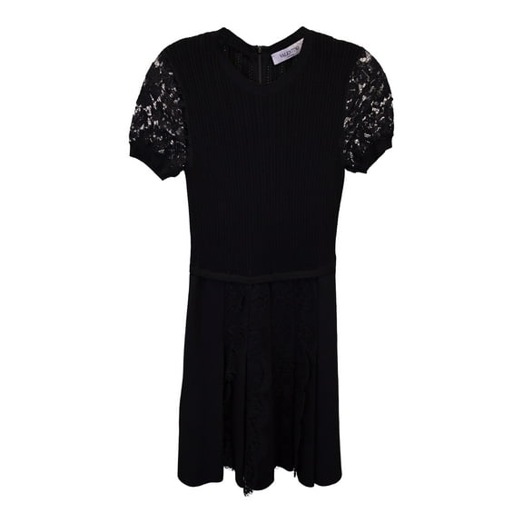 Pre-Owned Valentino Lace-Paneled Pleated Mini Dress in Black Viscose