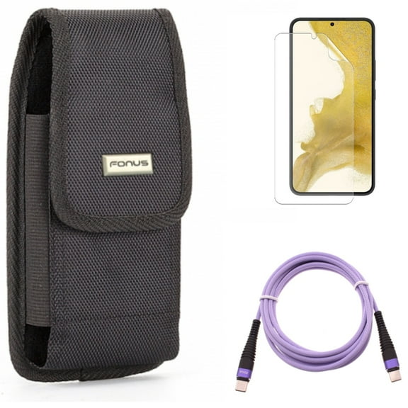 Purple 10ft PD Cable & Case Belt Clip & Matte Screen Protector for Samsung Galaxy S22 (6.1") - Type-C to USB-C Fast Charger Cord & Swivel Holster & TPU Film Anti-Glare Accessory Bundle