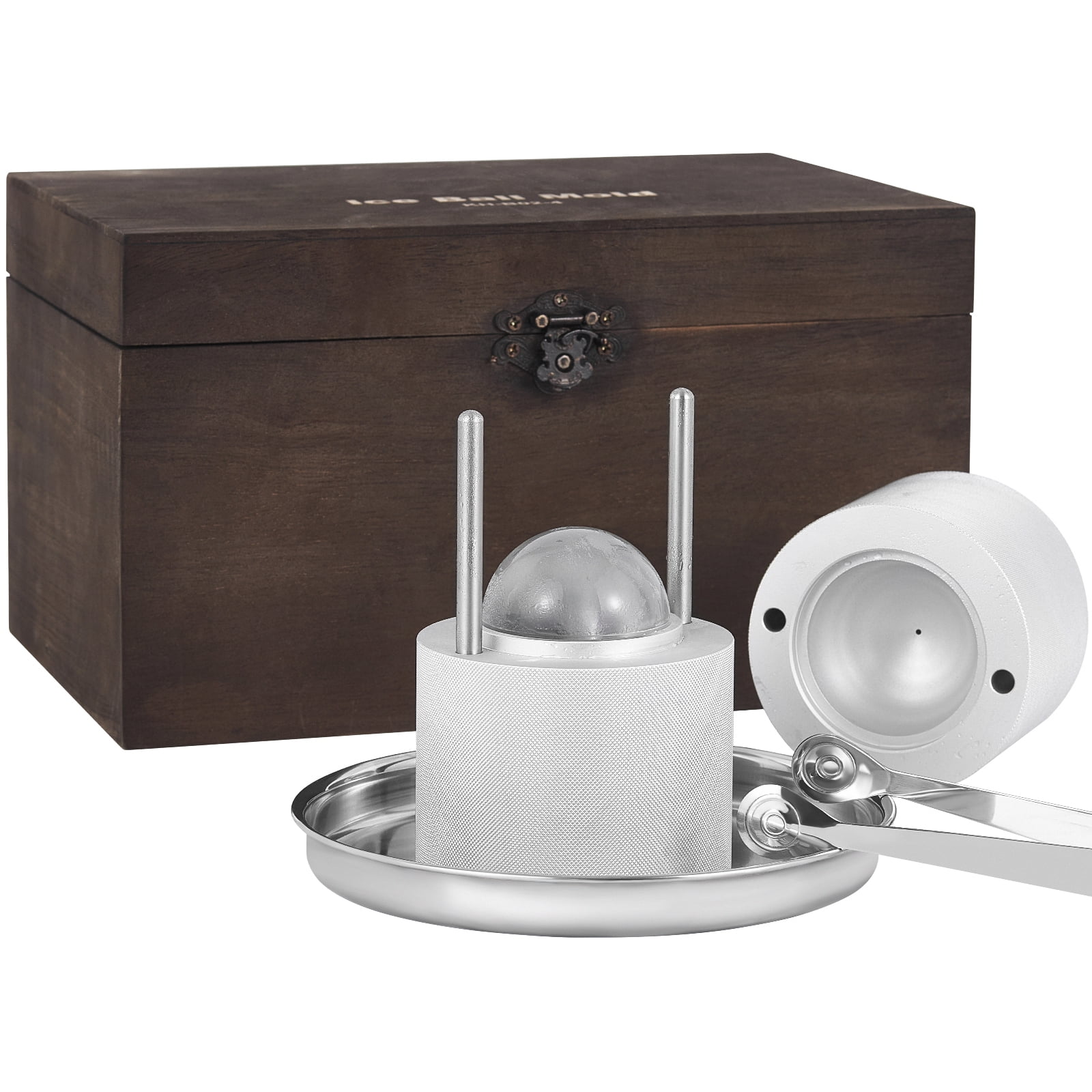 KFFKFF Ice Sphere Press Set, Airplane-Grade Aluminum Alloy Ice Shaper with Ice Cube Mold, Oversized Mat, Clamp, Drip Pan, Single Glass, Round Ice Ball Creator 2.4"/60 mm Ice Globe, for Whiskey