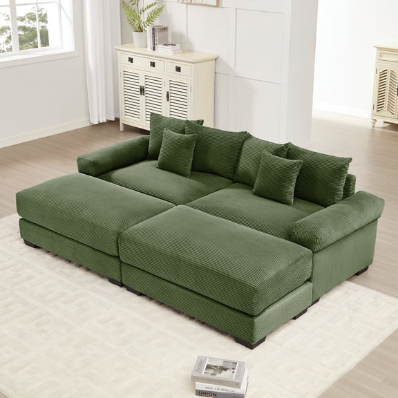 2-seater 92" Oversized Cloud Modular Sectional Couch, Soft Corduroy Fabric with Two Ottoman,Deep Seat Wide Armrests, Ergonomic Design Easy Assembly, Soft Corduroy for Living Rooms Lounges (Green)