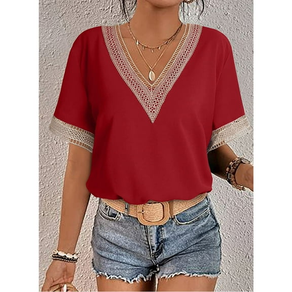 Womens Short Sleeve Summer Tops Lace Trim V Neck Blouses Casual Shirts