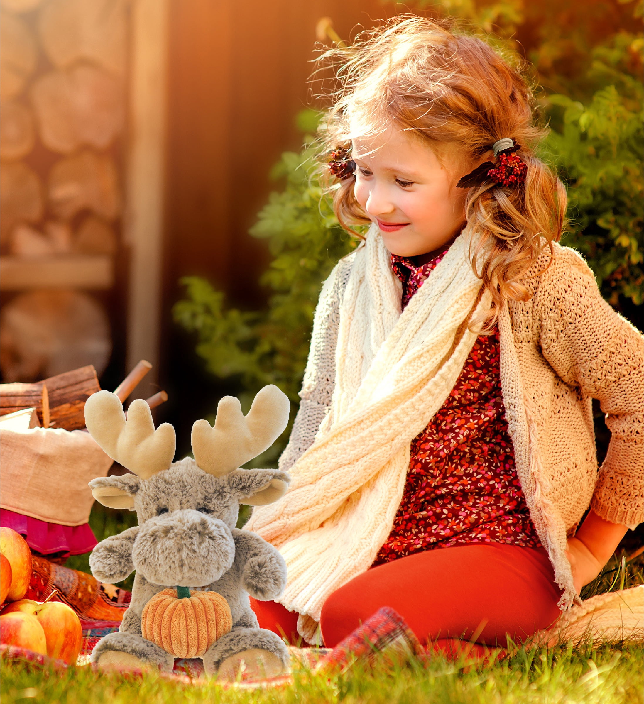 DolliBu Super Soft Sitting Moose Stuffed Animal with Pumpkin Decor - Pumpkin Plush Animal for Fall, Halloween and Thanksgiving, Pumpkin Toy for Baby, Kids, Adults - 11 Inches