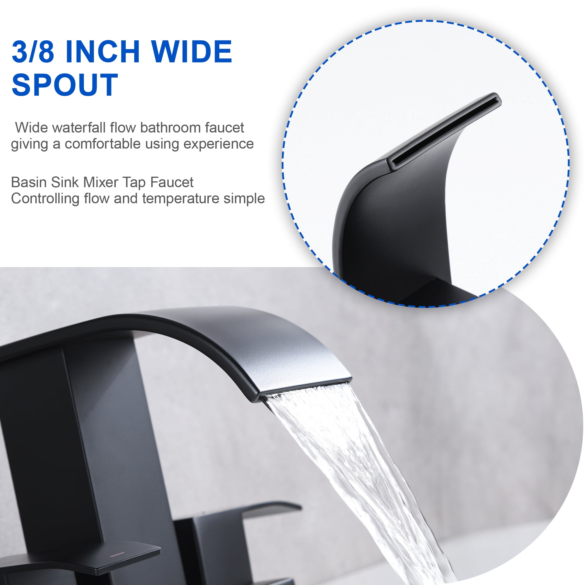 Black Waterfall Bathroom Sink Faucet with Pop up Sink Drain Stopper Overflow for Faucet Vessel, 4 Inch 2 Handles 2 or 3 Holes Centerset Faucet for Lavatory Bathroom Sink with Supply Lines