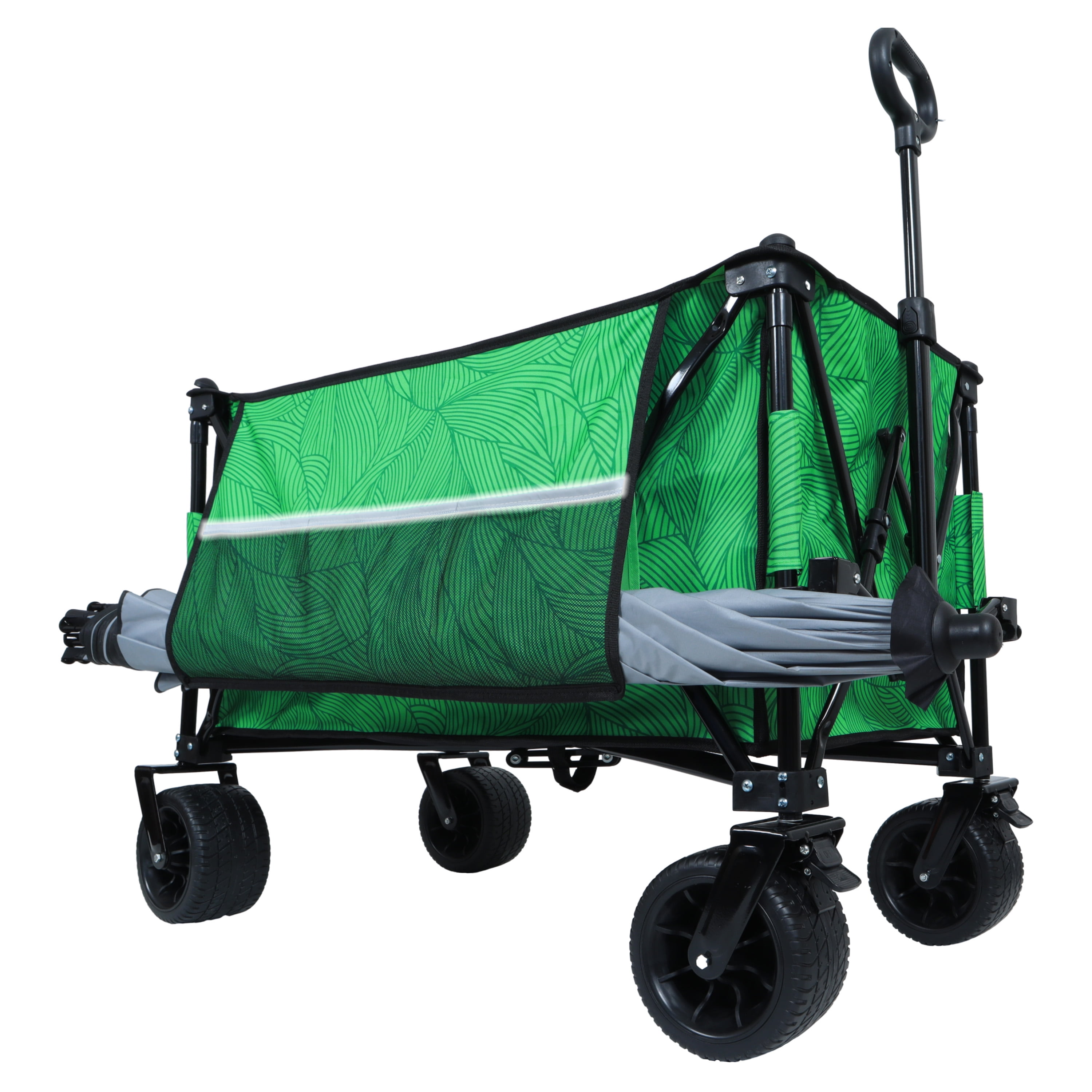 Heavy-Duty 480lbs Folding Wagon Cart with Bonus Picnic Mat - All-Terrain Beach Wheels, Drink Holders, Brakes & Side Pocket for Camping, Garden, Sports