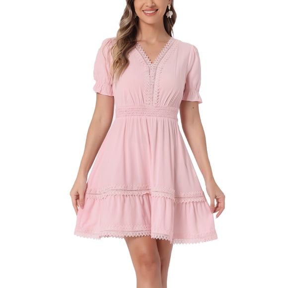 INSPIRE CHIC Women's Sundress V Neck Puff Sleeve Smocked Waist Casual Mini Dress Light Pink S