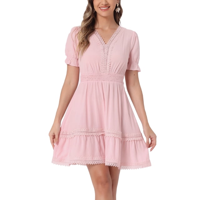 Vestido Casual Mini de Manga Abullonada con Escote en V y Cintura Elástica de Smock para Mujeres Chic, Rosa Claro, Talla S