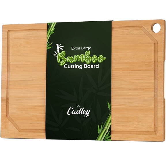 Cadley Bamboo Cutting Board for Kitchen, Extra Large Wooden Chopping Board with Juice Groove and Hanging Hole, Heavy Duty Cutting Board, 18” x 12”