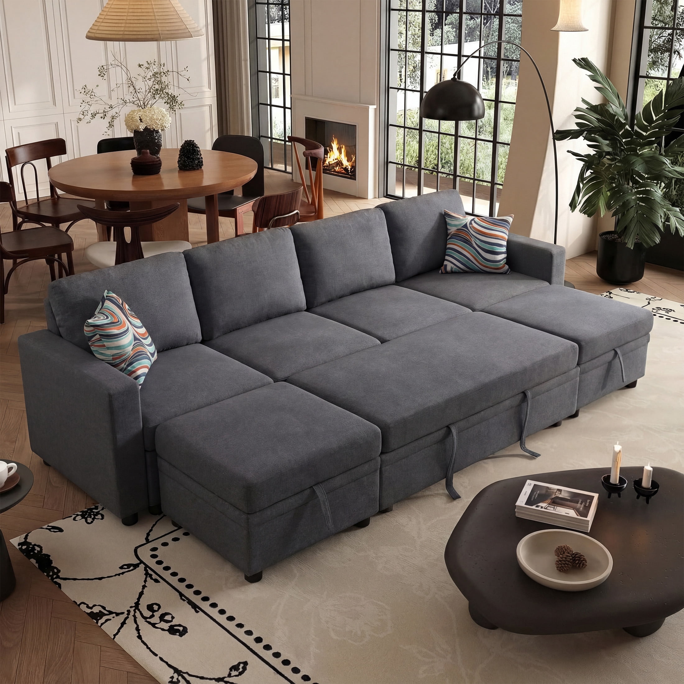 AENKYO 102" U-Shaped Sectional Sofa Bed, Linen Pull Out Sleeper Couch with Storage Seats for Living Room，Dark Gray