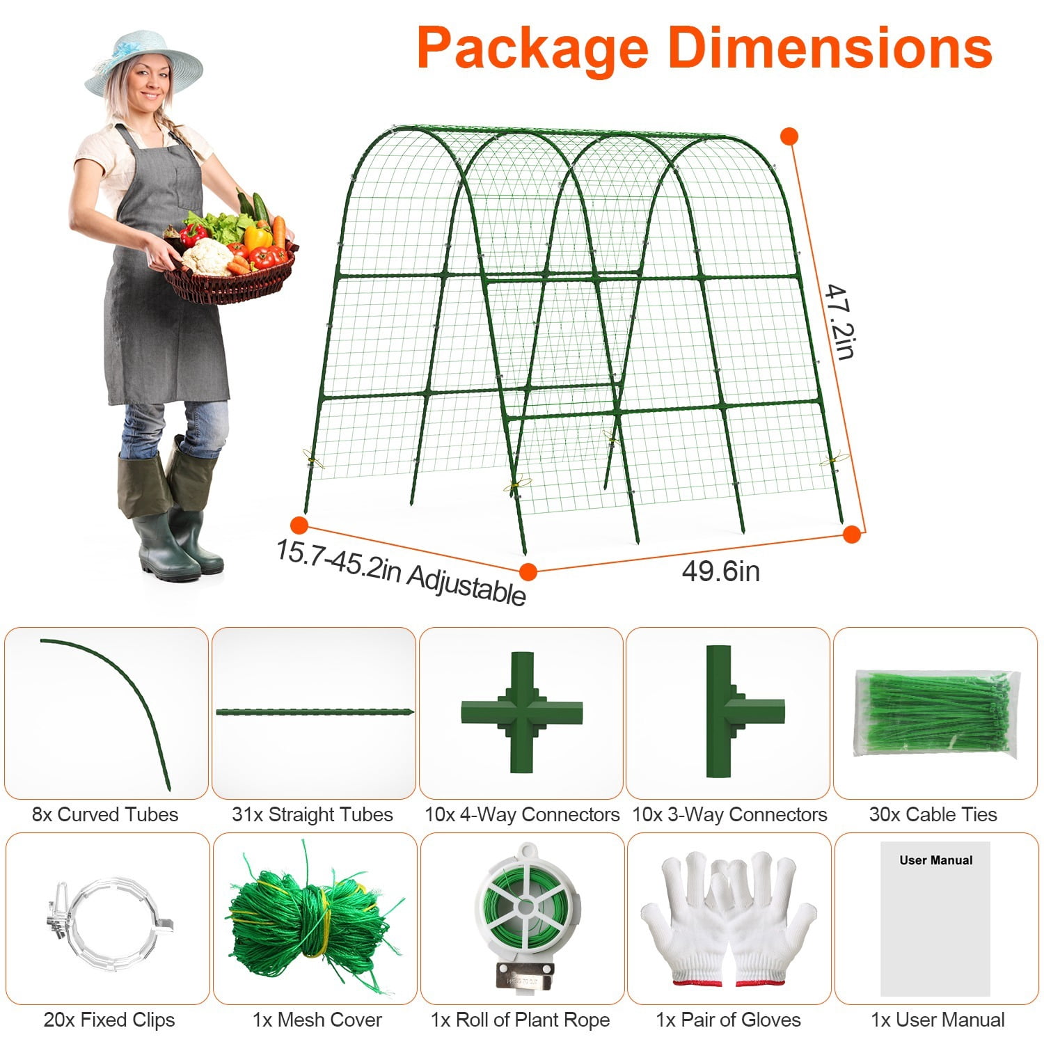 U-Shaped Garden Arch Trellis for Climbing Plants,49.6x47.2in Adjustable Width(15.7-45.2in), Rustproof Iron Cucumber Trellis with Mesh Cover & All Installation Kits,Easy Assembly for Raised Garden Bed