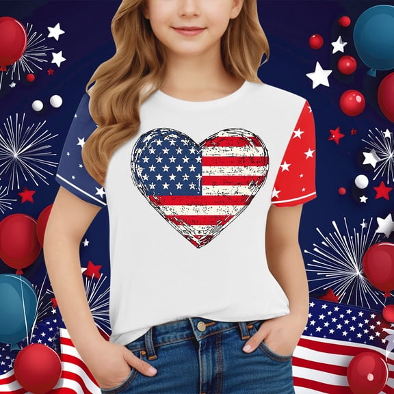 Fatuov Independence Day Girls Tops Round Neck Summer 4th of July Holiday Top for Kids Boys Patriotic Short Sleeve USA Flag Print T-Shirt 3-15 Years