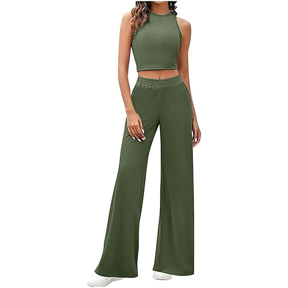 qolati Women's 2 Piece Outfits Comfy Lounge Sets Tracksuit Sleeveless Crop Tank Tops Wide Leg Casual Pants Sweatsuits Matching Sets 2024 Fall Outfits