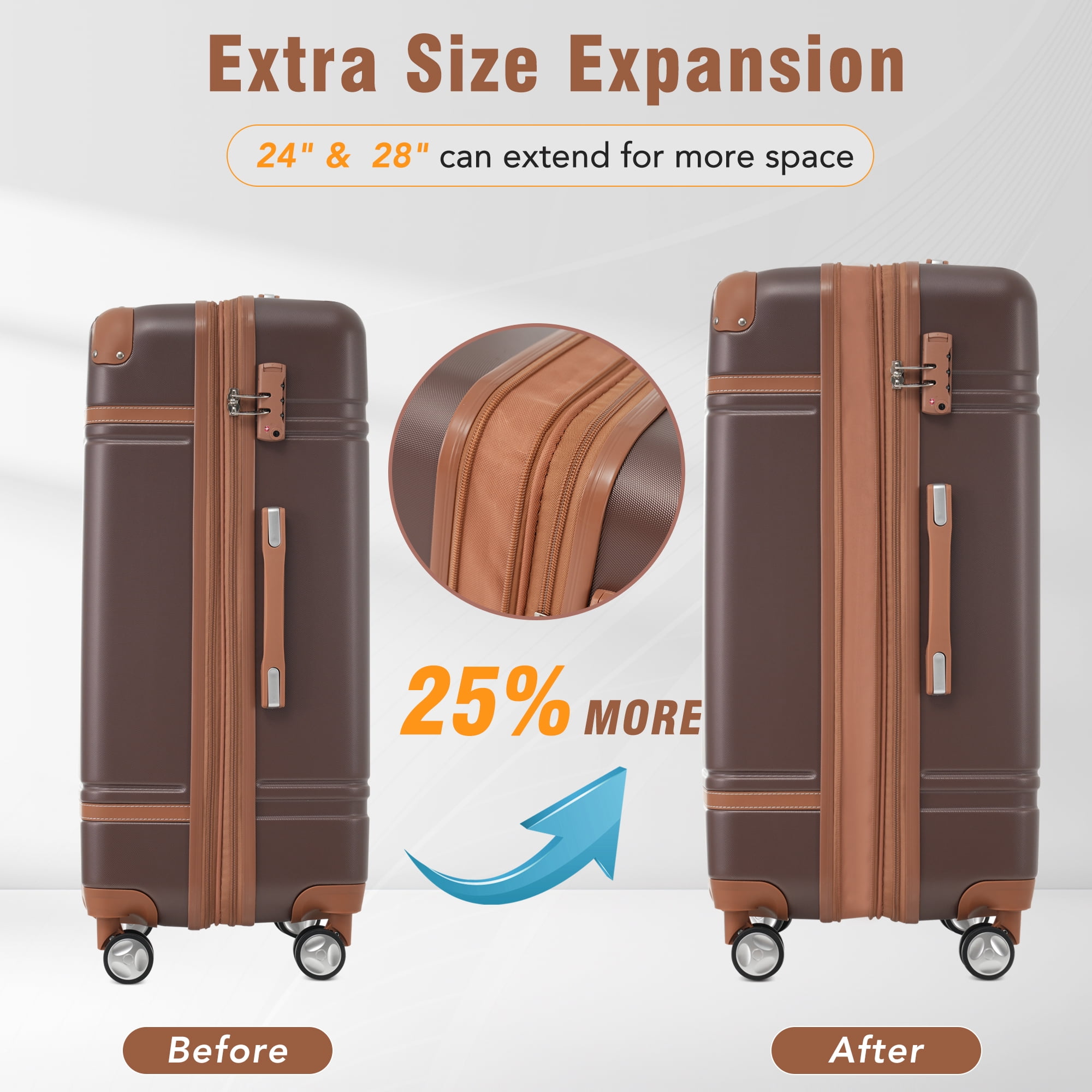MAYEERTY Vintage 3-Piece Luggage Set: 20"+ Expandable 24" Hardside Suitcase + Cosmetic Case, TSA Lock & Spinner Wheels, Brown