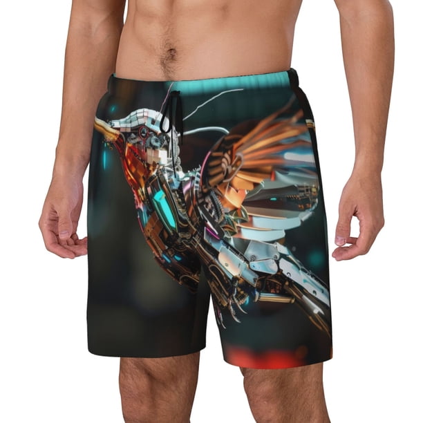 Fotbe Futuristic Robot Hummingbird Traje de Baño para Hombre – Shorts de Natación de Secado Rápido con Forro y Bolsillos-X-Large