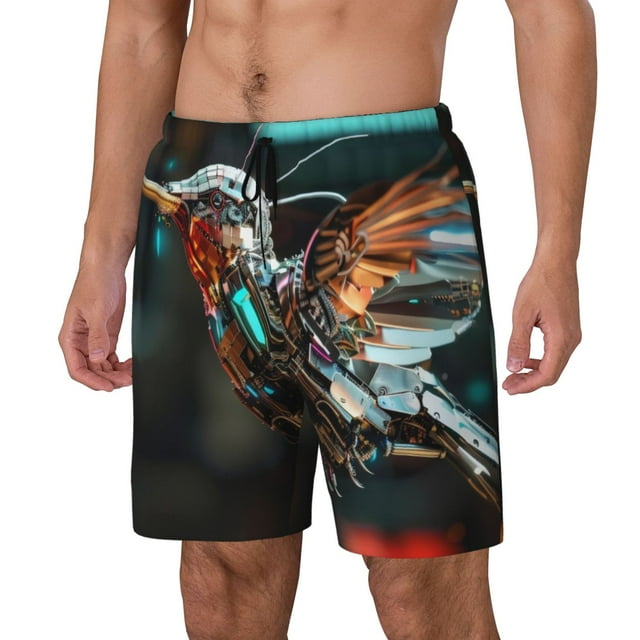 Saiise Futuristic Robot Hummingbird for Mens Swimming Trunks Swim Trunks Quick Dry Swim Shorts with Mesh Lining Funny Swimwear Bathing Suits-3X-Large