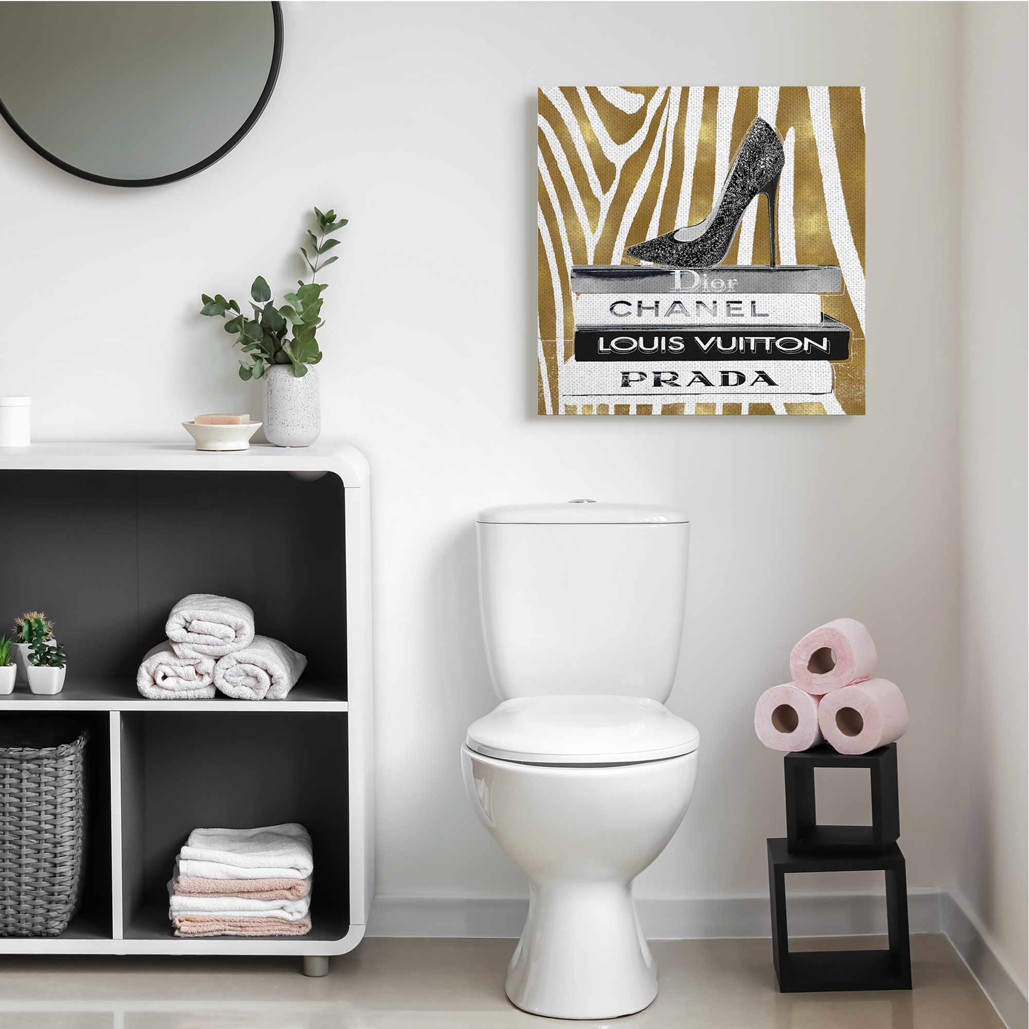 Stupell Industries Fashion High Heel Bookstack Glam Gold Zebra Print Beauty & Fashion Painting Gallery Wrapped Canvas Art Print Wall Art, 30 x 30
