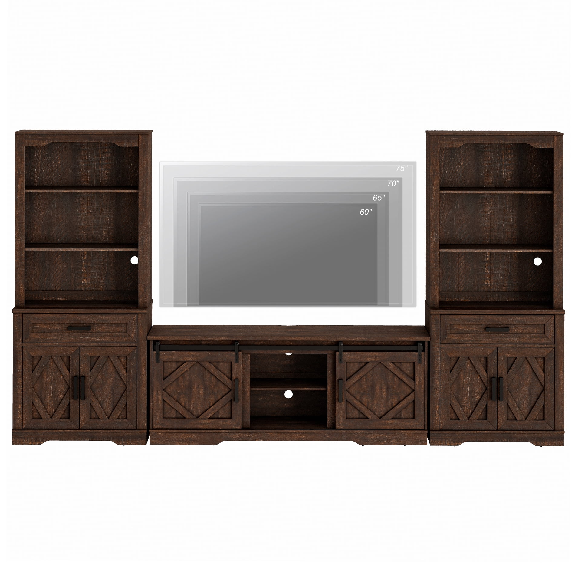 WAMPAT Farmhouse Entertainment Center with Bookshelf for TVs up to 75",Mid Century Modern TV Stand with 73"H Tall 5-Tier Bookcase with Open Storage and Barn Doors for Living Room,Bedroom,Rustic Brown