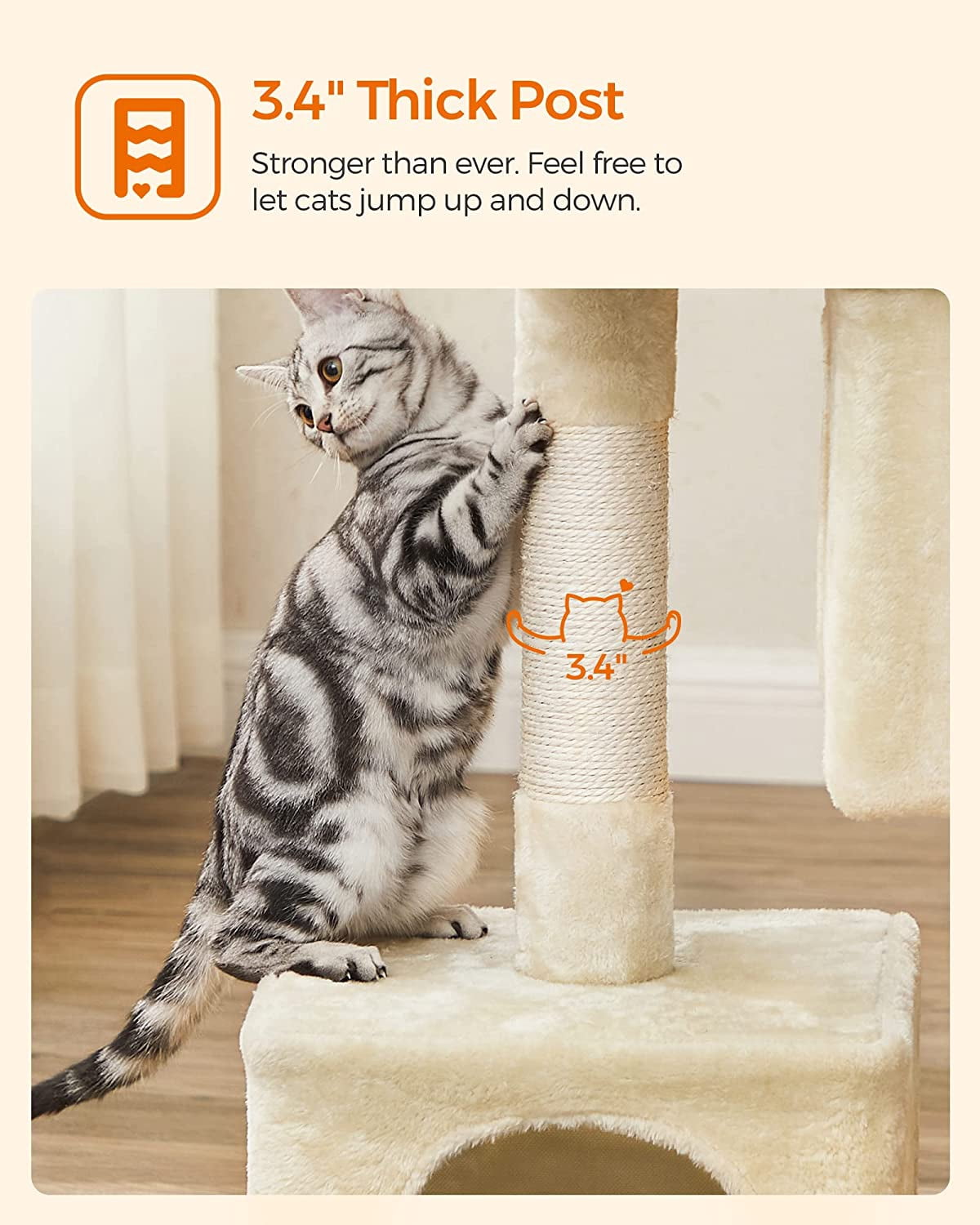 Cat Tree 33.1-Inch Cat Tower for Large Cats up to 16 lb, Large Perch, 2 Cat Caves, Scratching Post, Beige