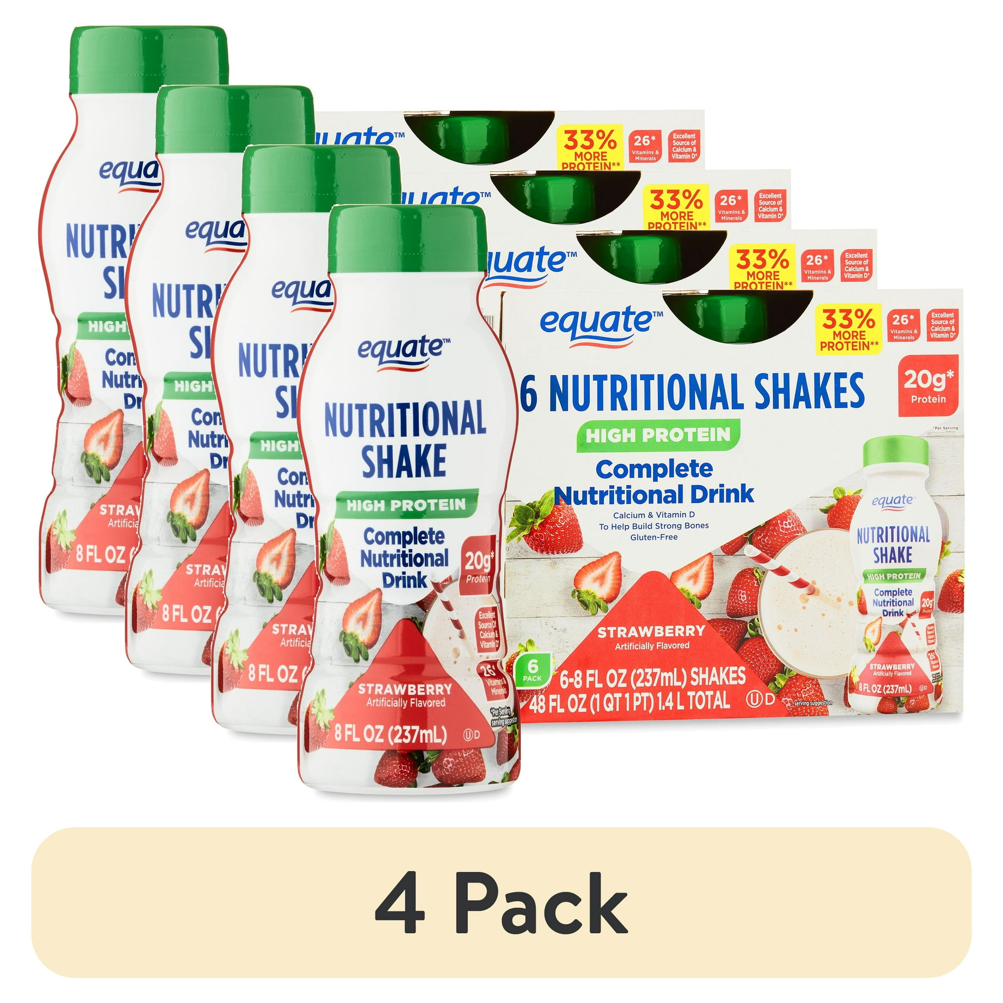 (4 pack) Equate High Protein Nutrition Shake, Strawberry, 8 fl oz, 6 Count
