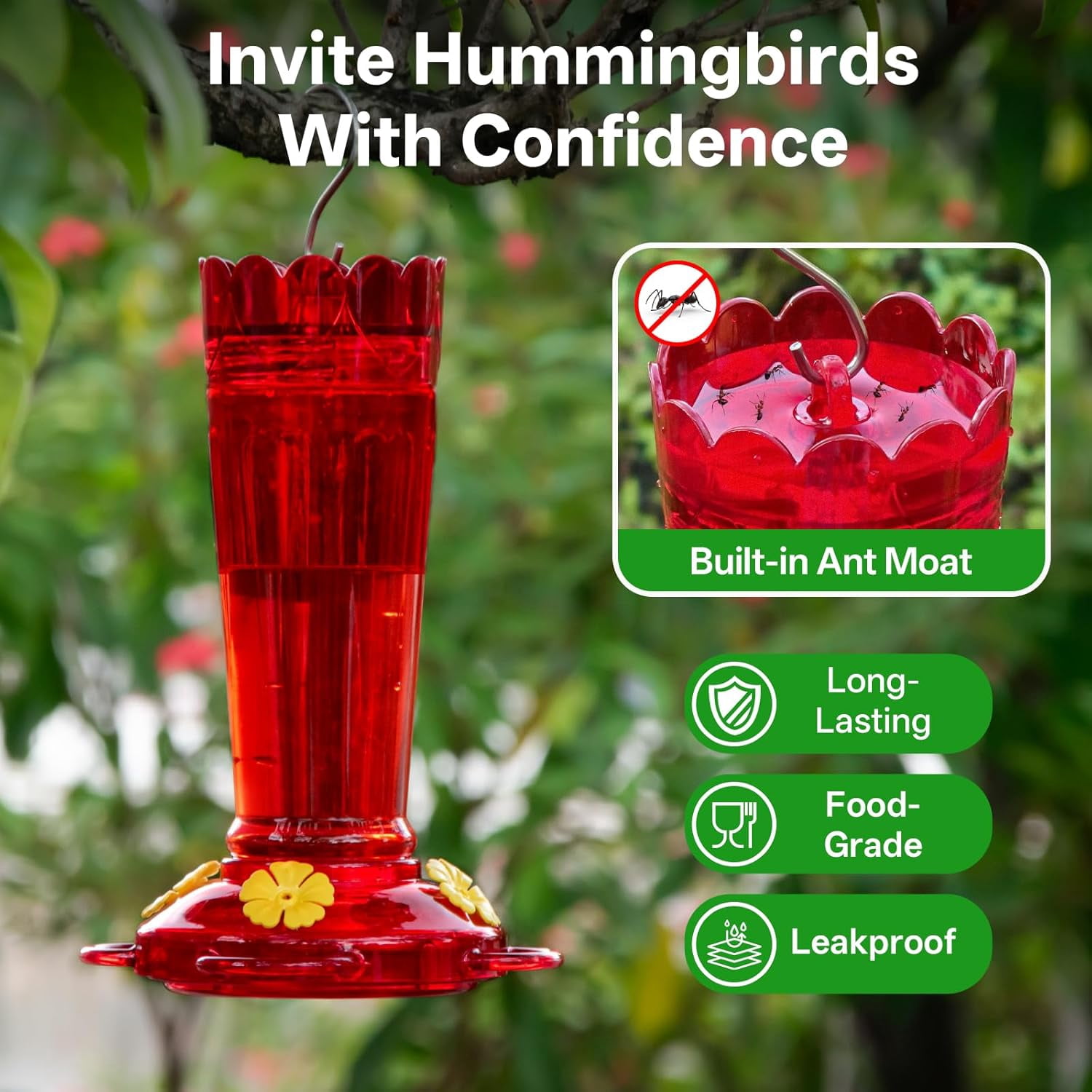 Plastic Hummingbird Feeders for Outdoors, 2-Pack 14 oz Ant & Bee Proof Hummingbird Feeder, Leak-Proof Nectar Feeders with 4 Feeding Ports and Perches, Gifts for Mom, Birdlovers-Red