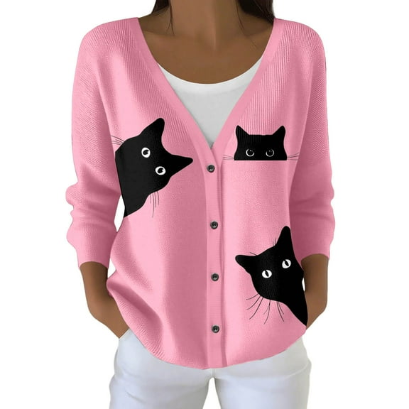 Cnbwig Sweaters for Women Elegant Long Sleeve Jacket Knit Cardigan Sweater Cat Knitted Coat for Autumn Winter Outerwear Outwear Trendy Sweatshirts A-Pink L