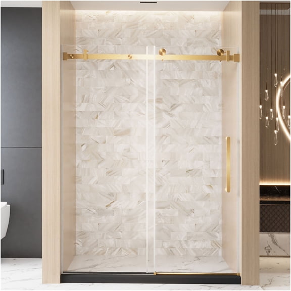 JERFIT 76" Gold Sliding Shower Door 56-60" Wide, Frameless Tempered Glass with Anti-Explosion Film, Stainless Steel Track for Bathroom