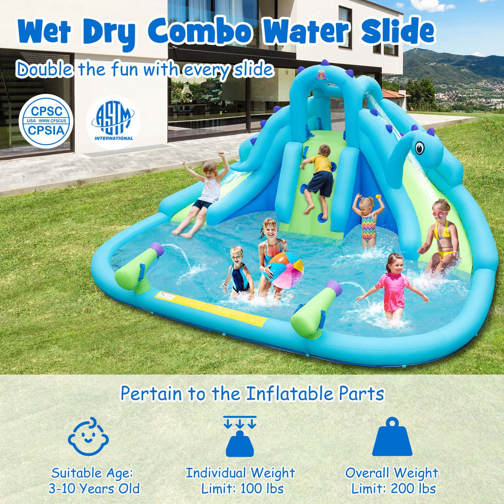 Costway Inflatable Water Slide, Blowup Water Park with Dual Slides & 584W Blower