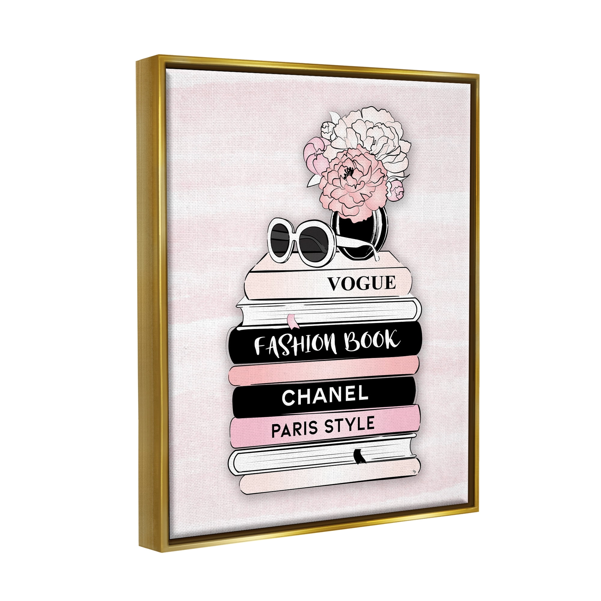 Stupell Industries Pink Fashion Bookstack Beauty & Fashion Painting Gold Floater Framed Canvas Art Print Wall Art, 17 x 21