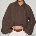 thumbnail image 5 of Lutiedan Cropped Zip Up Jacket for Women Lapel Puff Long Sleeve Pleated Coat Casual Baggy Trendy Colid Color Outerwear,Coffee,S, 5 of 6