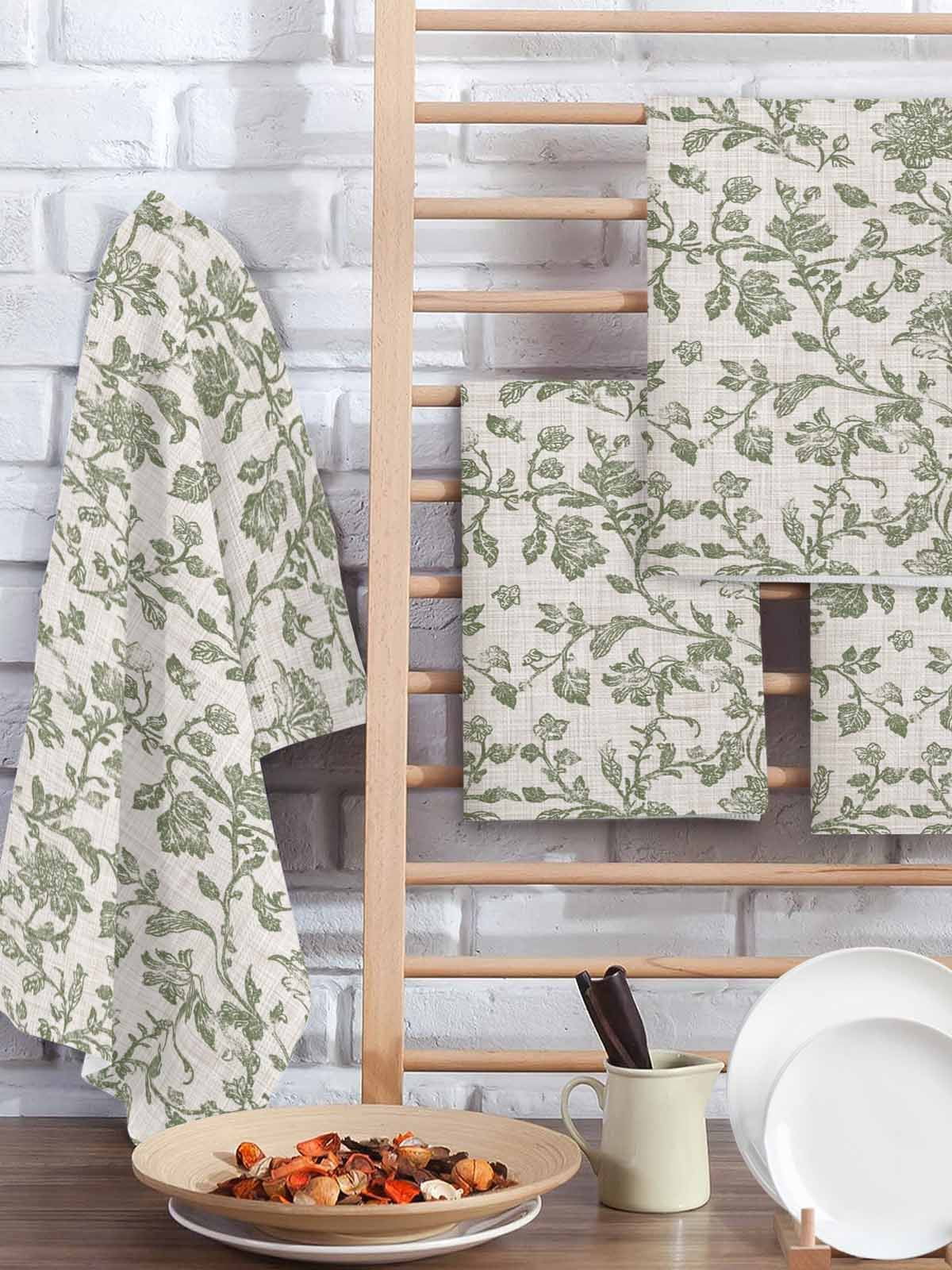Spring Flowers Kitchen Dish Towels for Drying Dishes Set of 2, Farmhouse Sage Green Pastoral Floral Leaf Waffle Weave Microfiber Hand Tea Bathroom Towels Quick Dry & Absorbent Towel 15.7x23.6