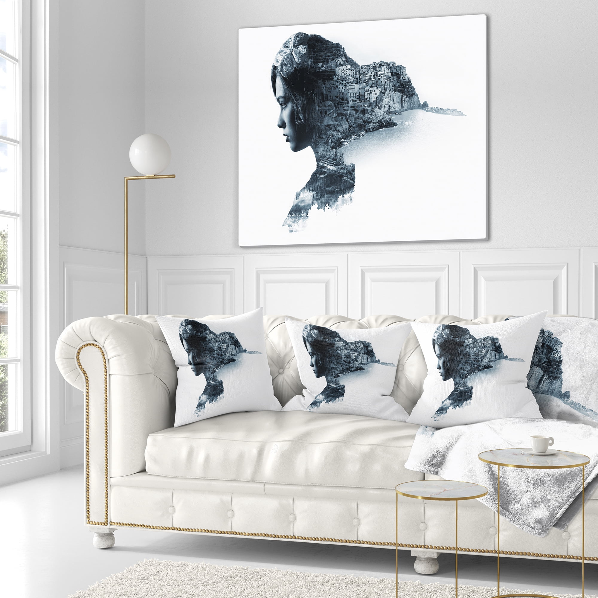 Designart Woman Portrait Double Exposure - Portrait Throw Pillow - 18x18