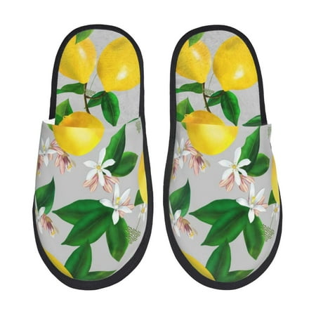 Balery Lemon Seamless Pattern Oil Painting Effect Slient Indoor Furry Fleece Comfort House Shoes Soft Non-Slip Home Shoes Cotton slippers House Slippers-- Large