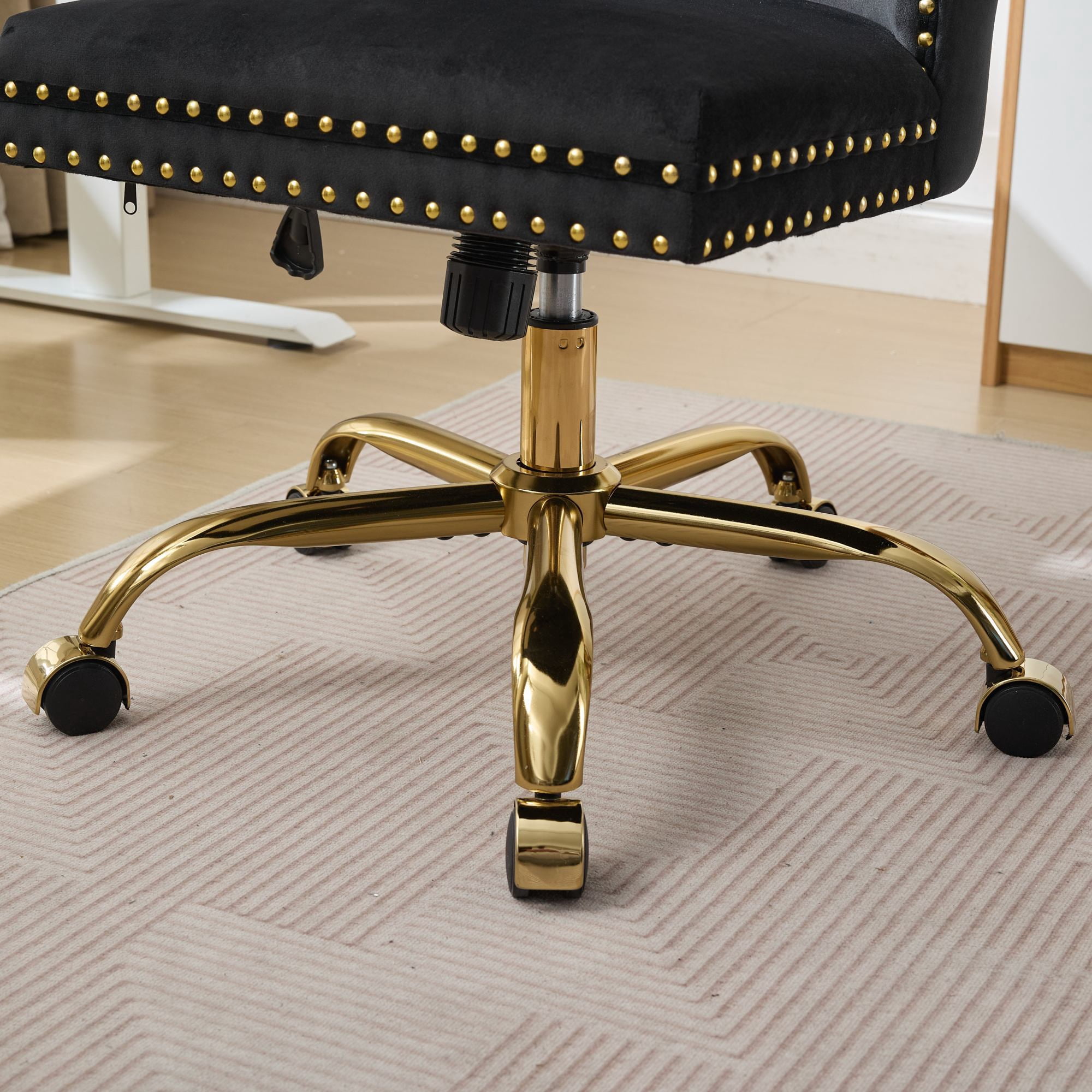 Jopath Velvet Home Office Desk Chair with Wheels & Gold Base, Makeup Vanity Chair with Tufted Back, Adjustable Desk Chair Swivel Office Chair for Bedroom, Black