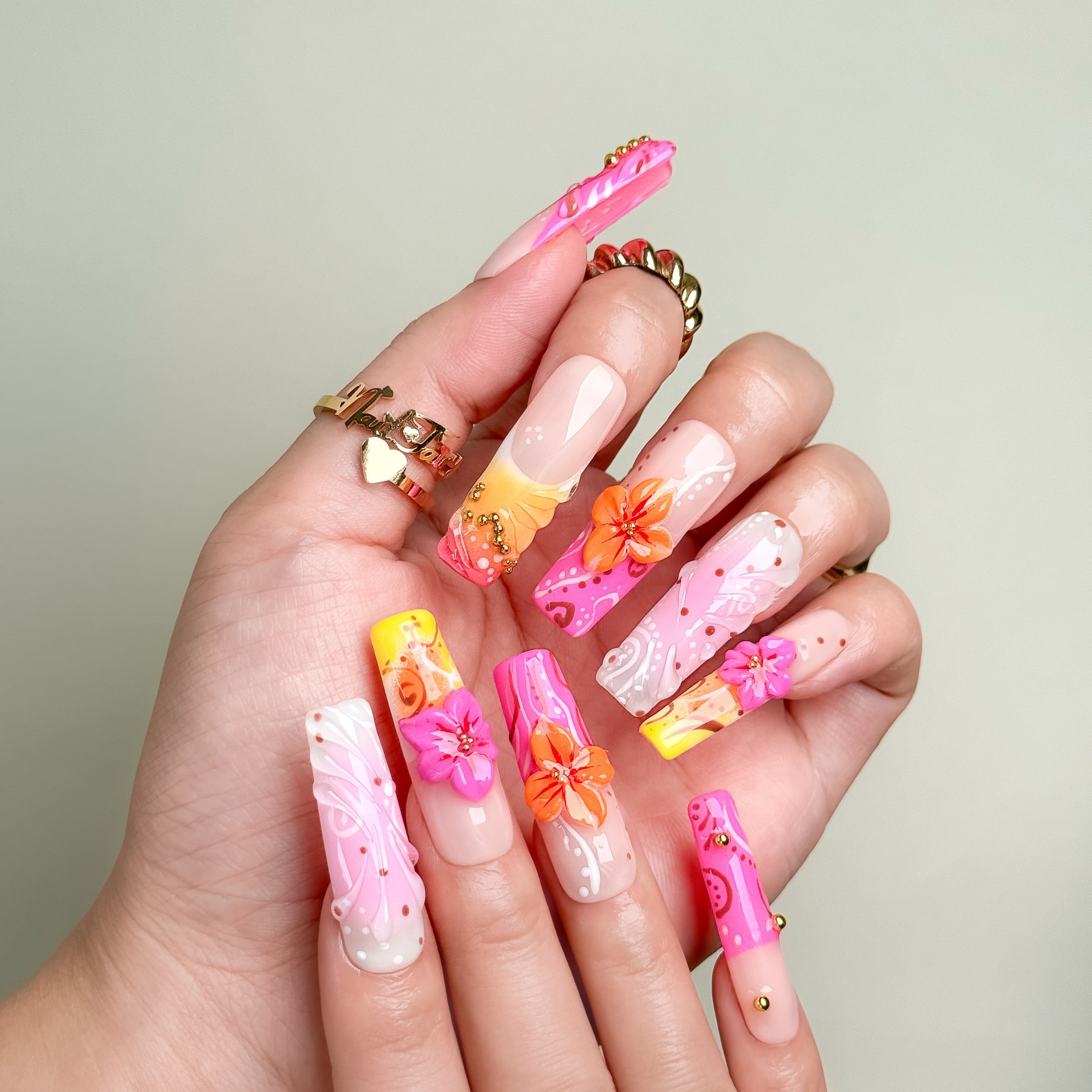 Nail Fairy Tropical Bloom Press-On Nails – Medium Square 3D Hibiscus & Gold Bead Boho Nail Set with Free Tool Kit