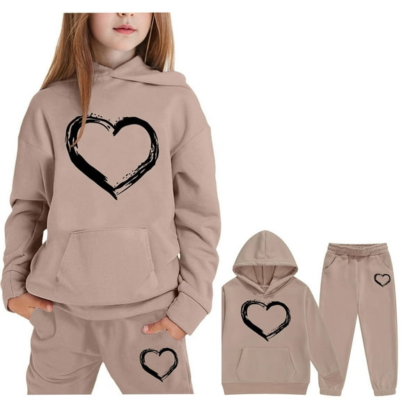 LIUYUNNN Kids Toddler Sweatsuit 2 Piece Long Sleeve Pullover Khaki Heart Tracksuit Hoodie Sweatpants Fall Winter Clothes Girls Matching Sets 5-6 Years Boys Girls Autumn and Winter Outfits
