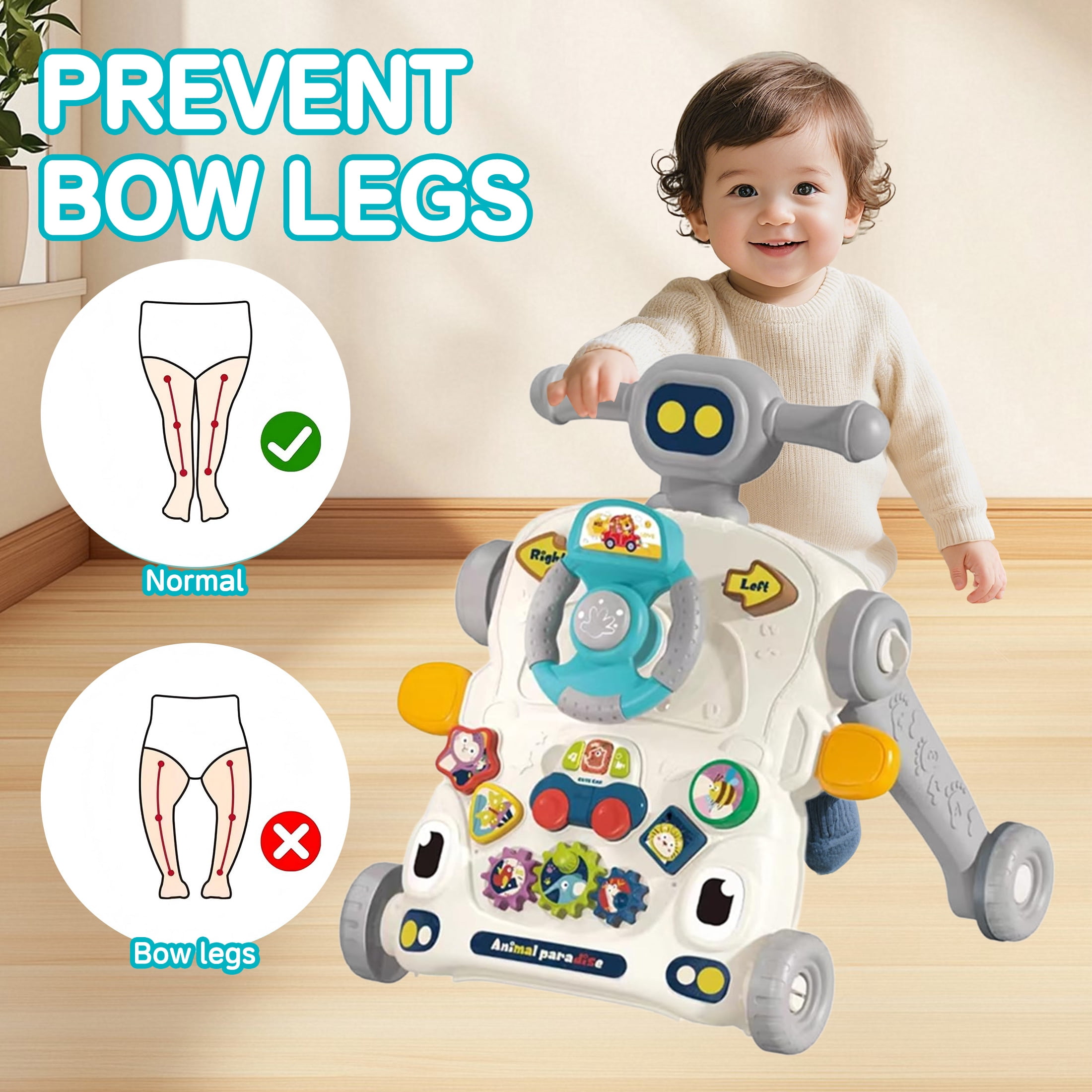 KOPPOP Baby Walker, 3-in-1 Activity Center and Learning Walker Sit-to-Stand Toy with Music & Lights, Foldable Push Toy for Infant Toddler 9+ Months, Grey