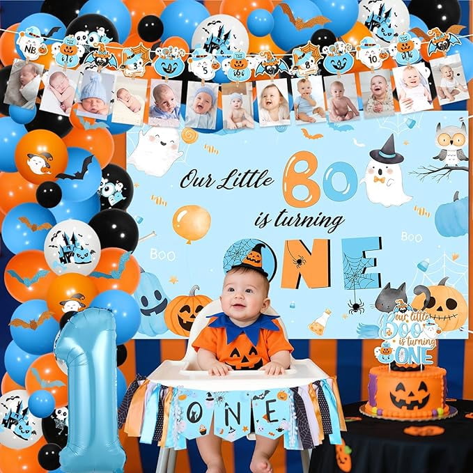 Partiqla Halloween 1st Birthday Party Decor Blue Our Little Boo is Turning One Backdrop High Chair Banner Foil Balloon Ghost Pumpkin Photo Banner Cake Bat Sticker Balloon Garland Arch Kit for Boys