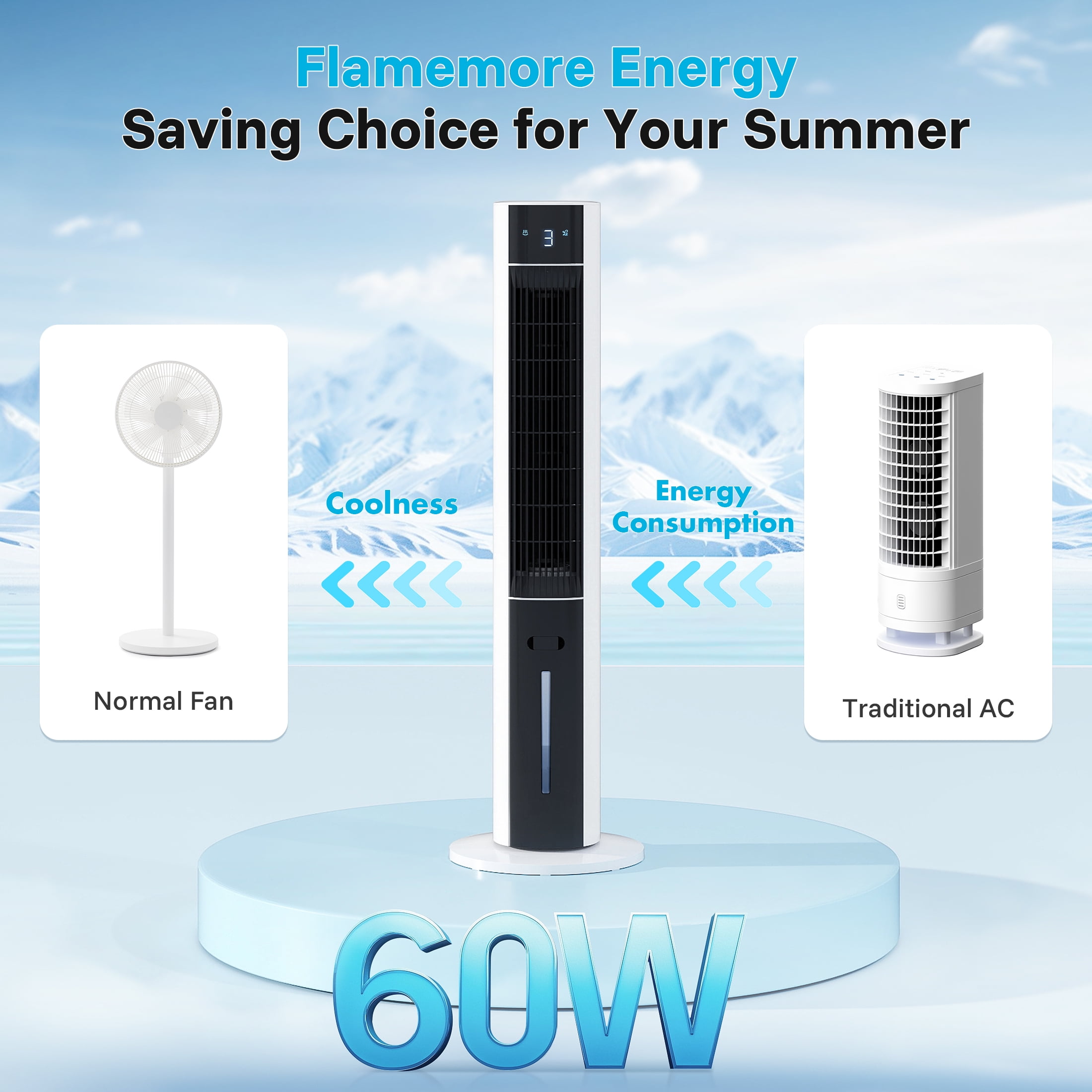 Flamemore Evaporative Air Cooler Portable Air Conditioners, 3-in-1 Oscillating Tower Cooler Fan & Humidify, White&Black
